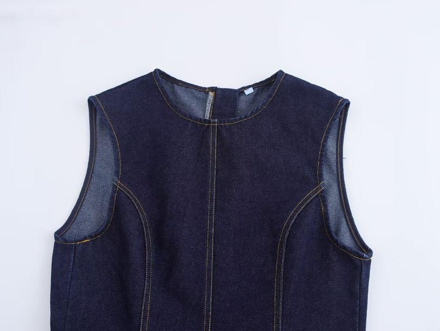 Sleeveless Round Neck Contrast Stitching Denim Midi Sheath Dress Product Image