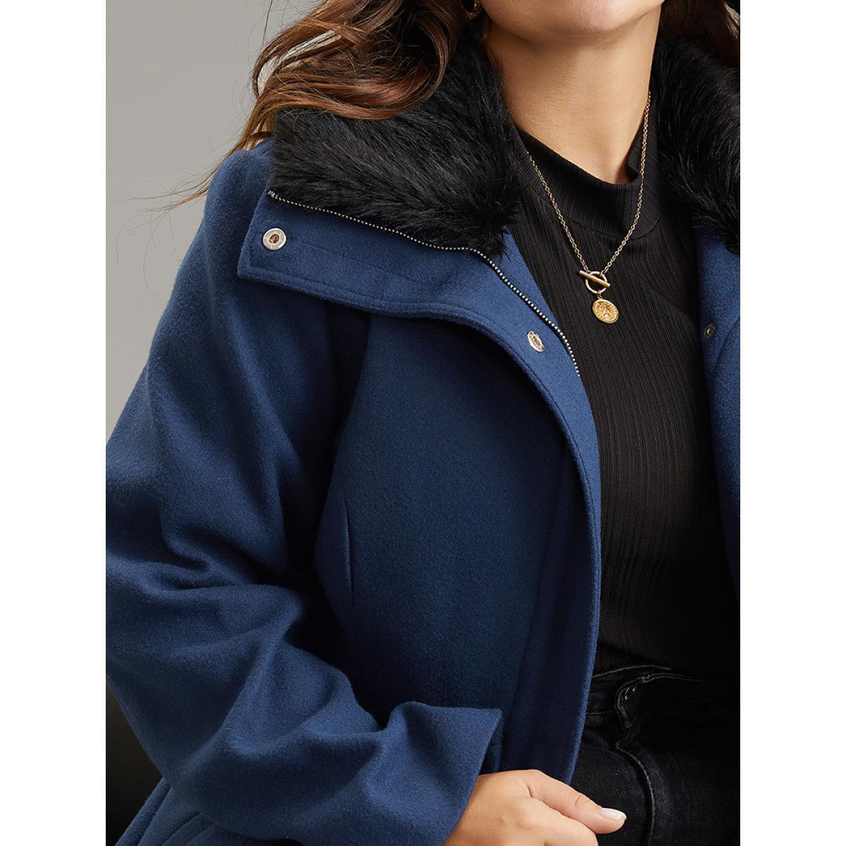 Plus Size Plain Fuzzy Trim Zipper Belted Coat Women DarkBlue Casual Lined Ladies Dailywear Winter Coats BloomChic 22-24/3X Product Image
