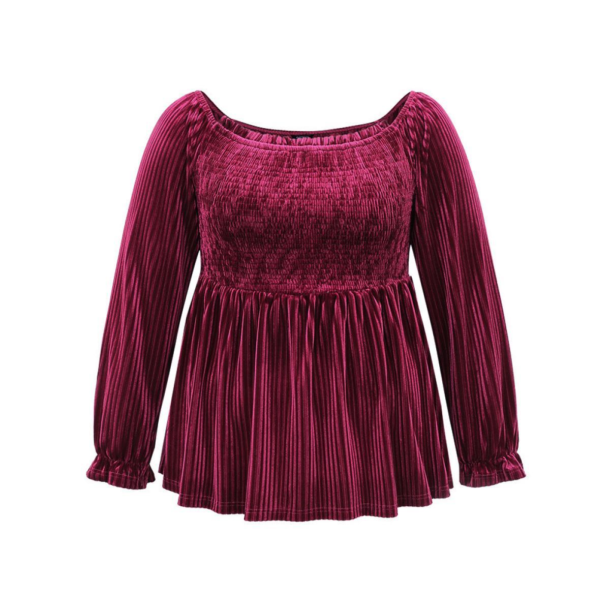 Plus Size RedViolet Velvet Frill Trim Shirred Square Neck Blouse Women Glamour Long Sleeve Square Neck Party Blouses BloomChic 18-20/2X Product Image