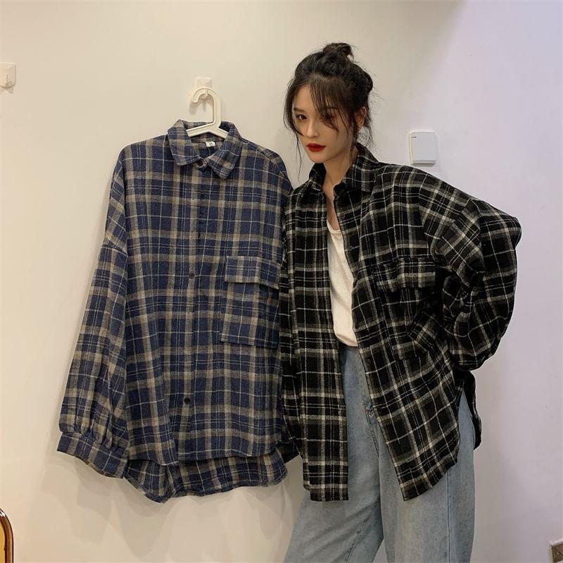 Long Sleeve Collared Plaid Oversized Button Down Shirt Product Image