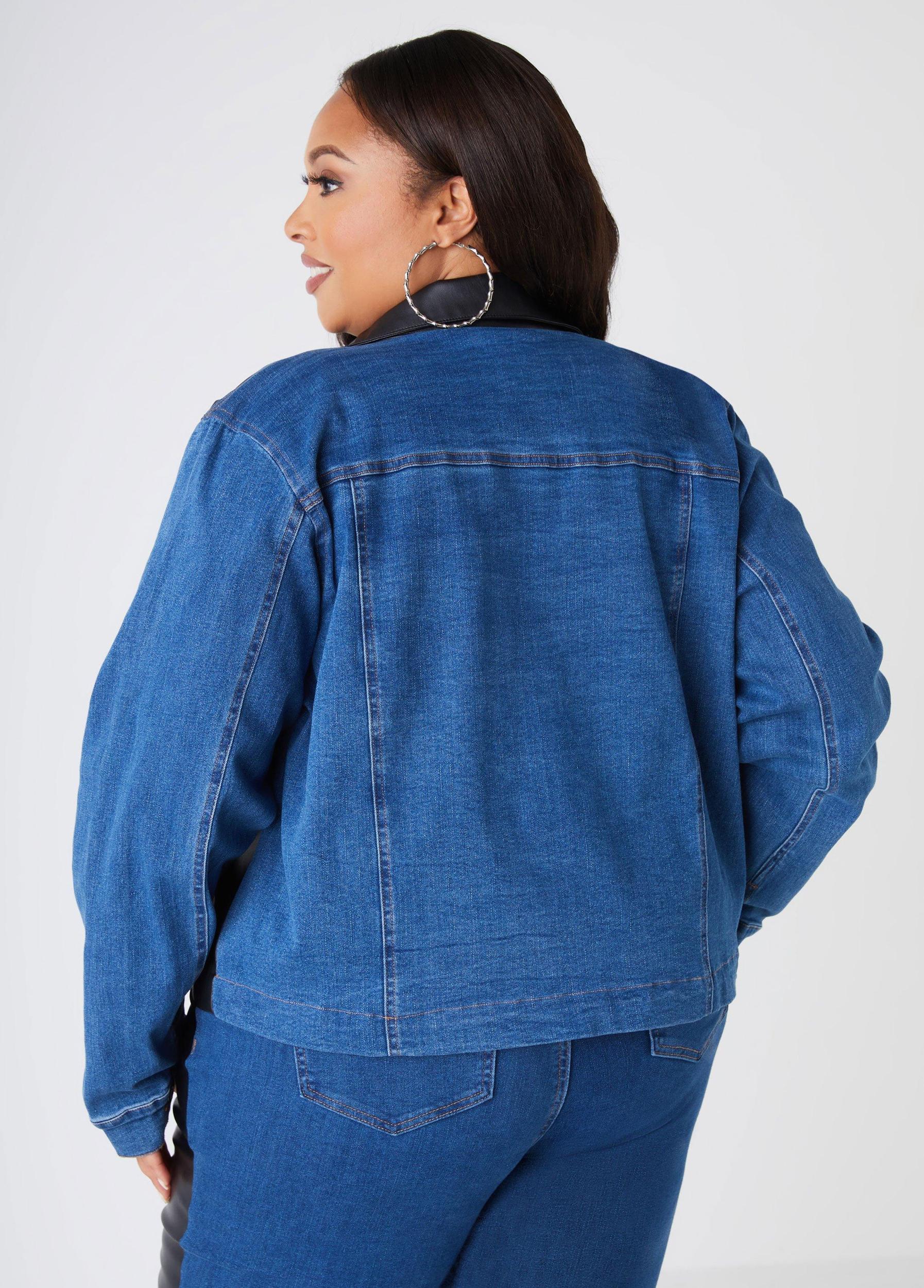 Plus Size Faux Leather Paneled Denim Jacket Ashley Stewart Product Image