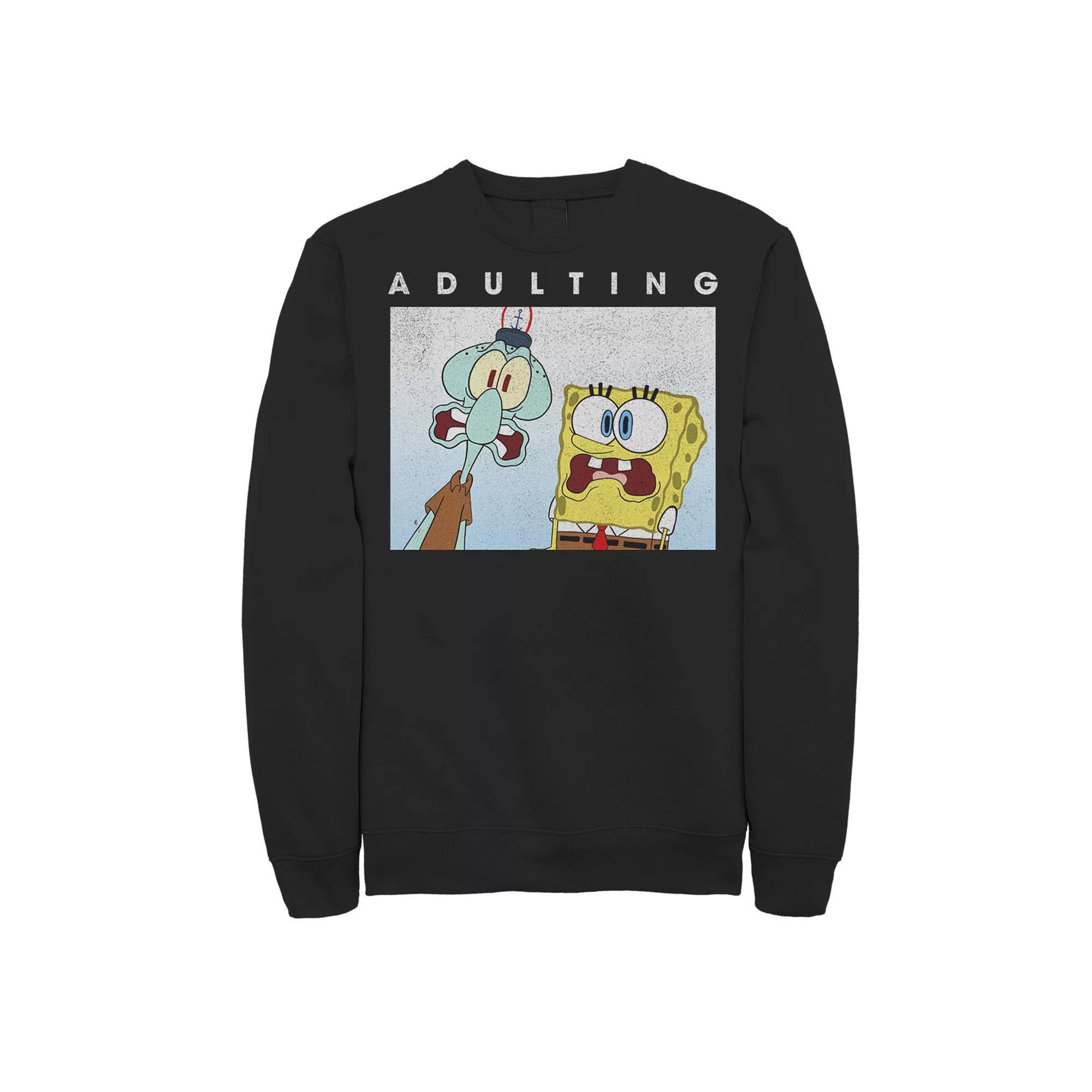 Men's SpongeBob SquarePants & Squidward Scared Of Adulting Sweatshirt, Size: Small, Black Product Image