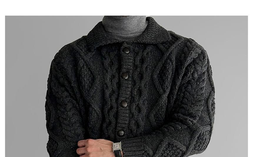 Collared Plain Cable Knit Button Cardigan Product Image
