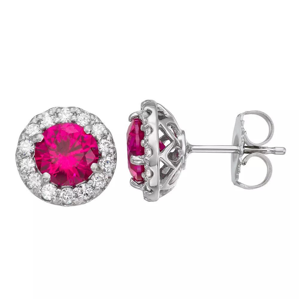 Charles & Colvard 14k White Gold Lab-Created Ruby & 2 5/8 Carat T.W. Lab-Created Moissanite Halo Stud Earrings, Women's, 14k Whgold Product Image