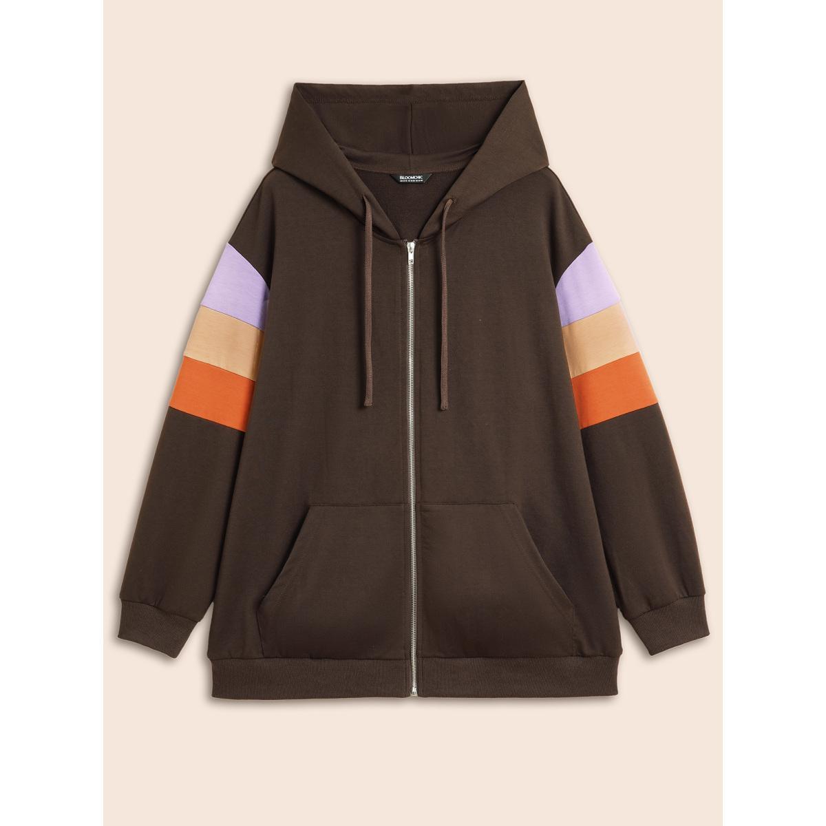 Plus Size Colorblock Contrast Pocket Hooded Sweatshirt Women DarkBrown Casual Contrast Hooded Everyday Sweatshirts BloomChic 14-16/1X Product Image
