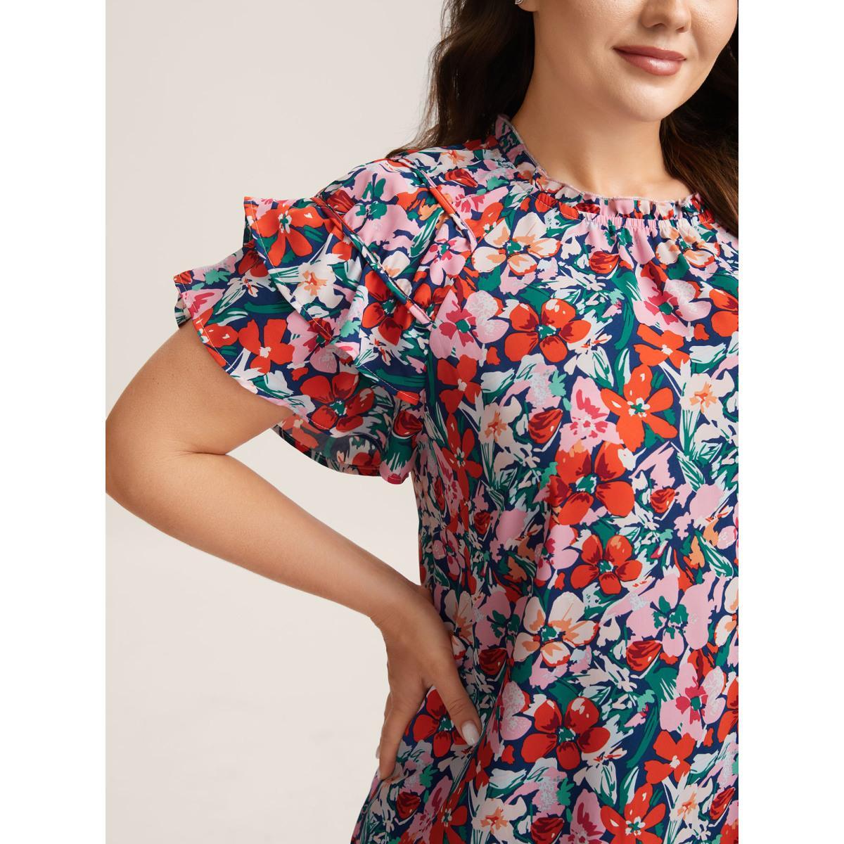 Plus Size Multicolor Groovy Floral Print Ruffled Layered Sleeve Blouse Women Short sleeve Round Neck Everyday-Casual Blouses BloomChic 18-20/2X Product Image
