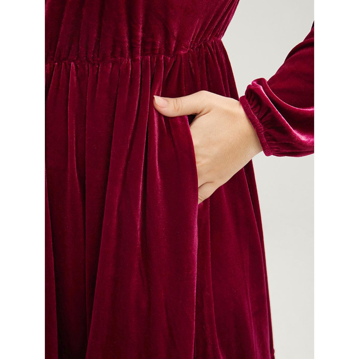 Plus Size Solid Pocket Lantern Sleeve Velvet Flutter Dress Burgundy Women Party Plain Round Neck Long Sleeve Curvy Long Dress BloomChic 12/L Product Image