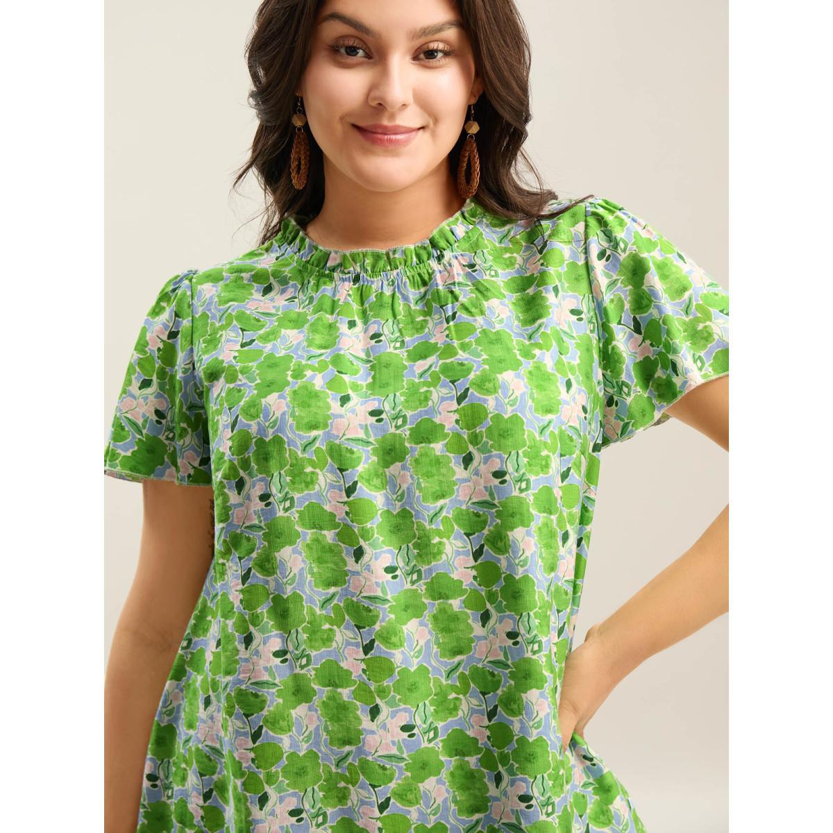 Plus Size LightGreen In Full Bloom Mock Neck Shirt Women Resort Cap Sleeve Stand-up collar Vacation Blouses BloomChic 26/4X Product Image