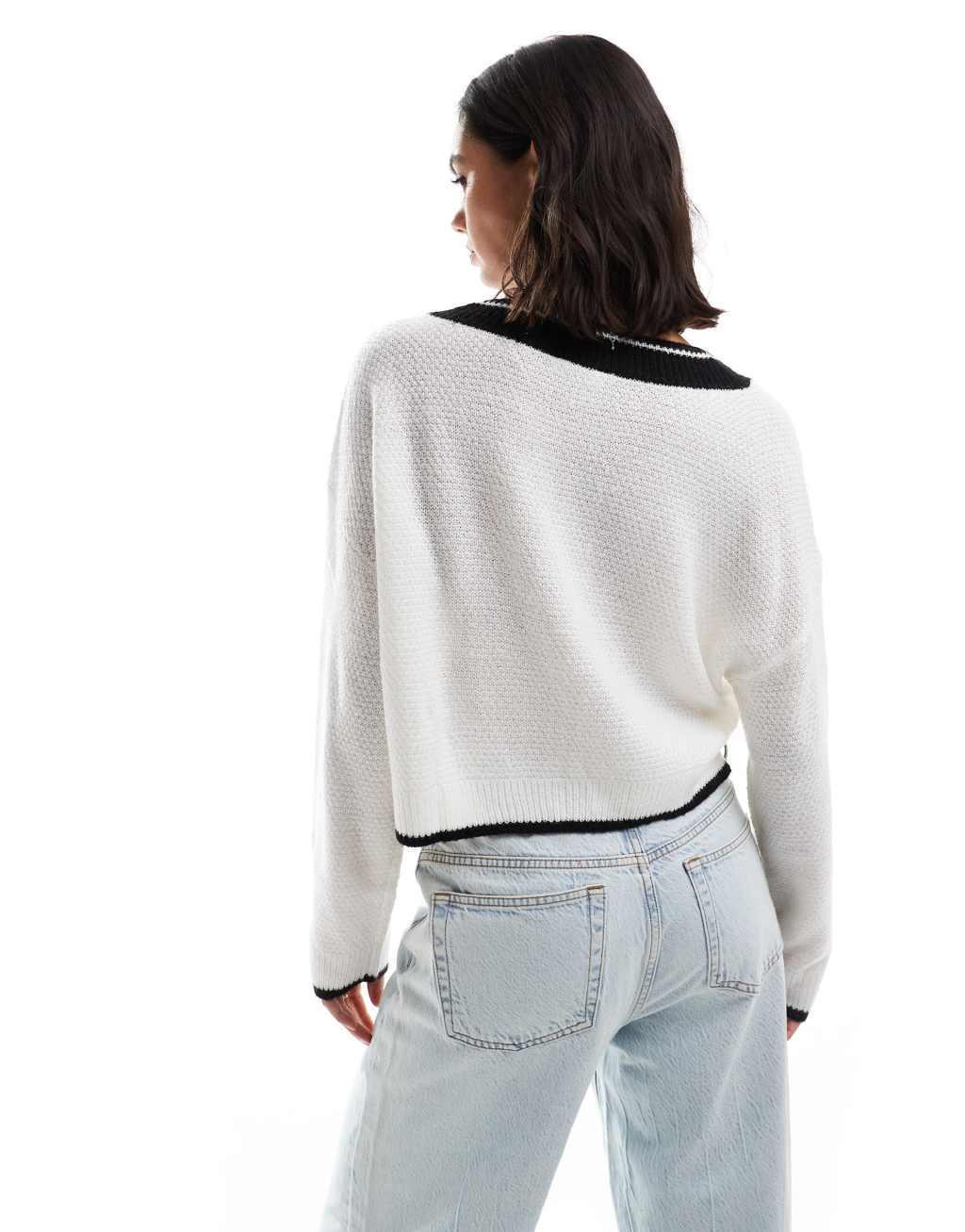 Miss Selfridge varsity v neck slouchy sweater in cream Product Image
