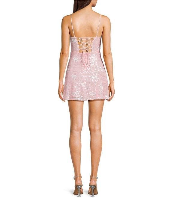 B. Darlin Bow Printed Cowl Neck Lace-Up Back A-Line Sequin Dress Product Image