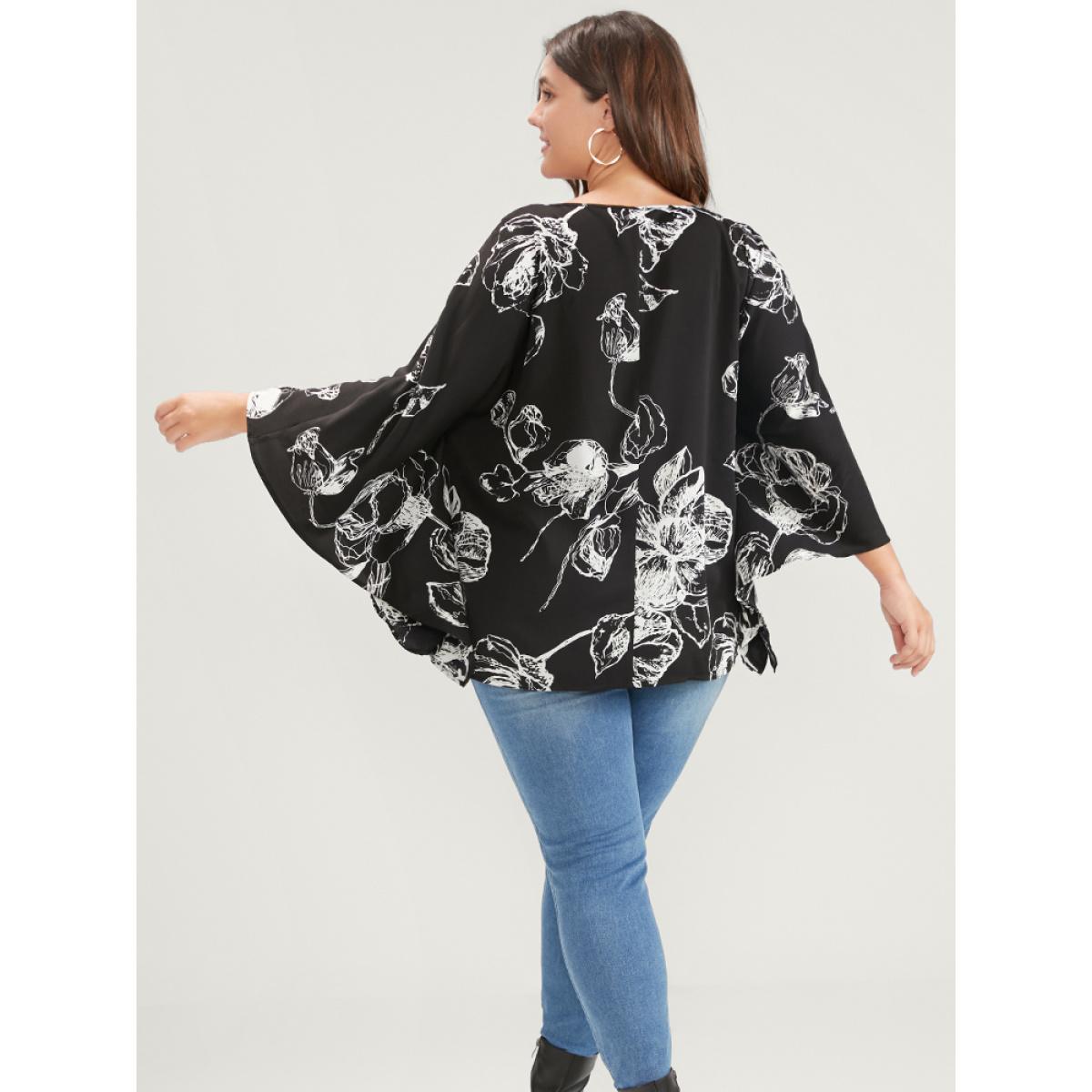 Plus Size Black Floral Print V Neck Dolman Sleeve Blouse Women Elegant Long Sleeve V-neck Dailywear Blouses BloomChic 22-24/3X Product Image