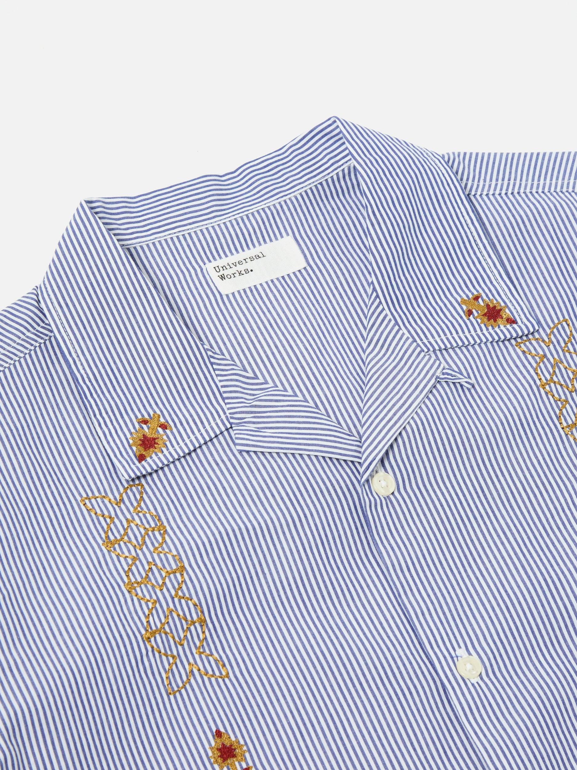 Universal Works Road Shirt in Blue Embroidered Classic Stripe Product Image