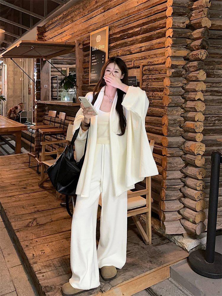 Plain Long Open Front Cardigan / Drawstring Waist Wide Leg Pants Product Image