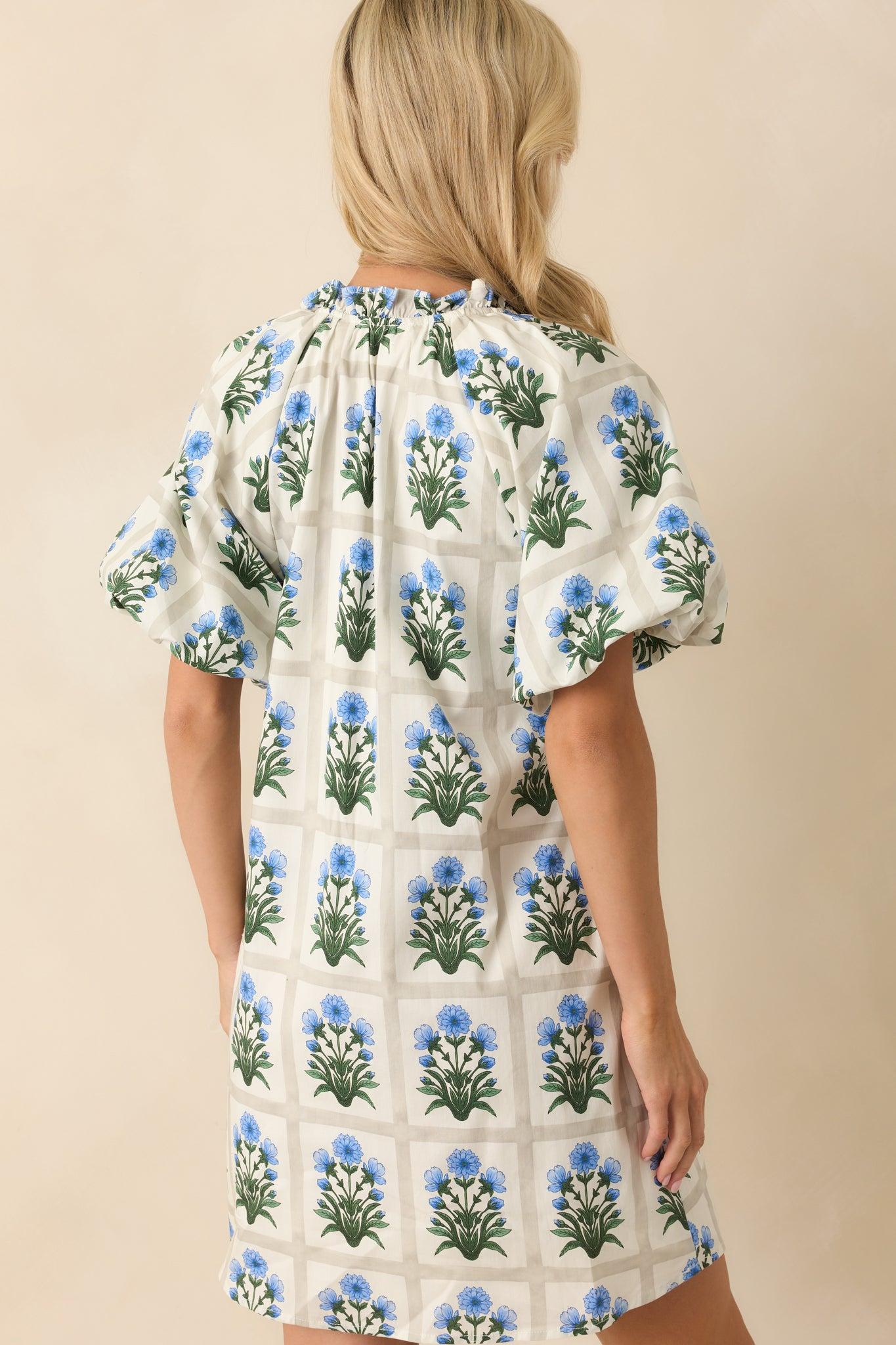 Staying Hopeful Blue Geometric Floral Print Cotton Mini Dress Product Image