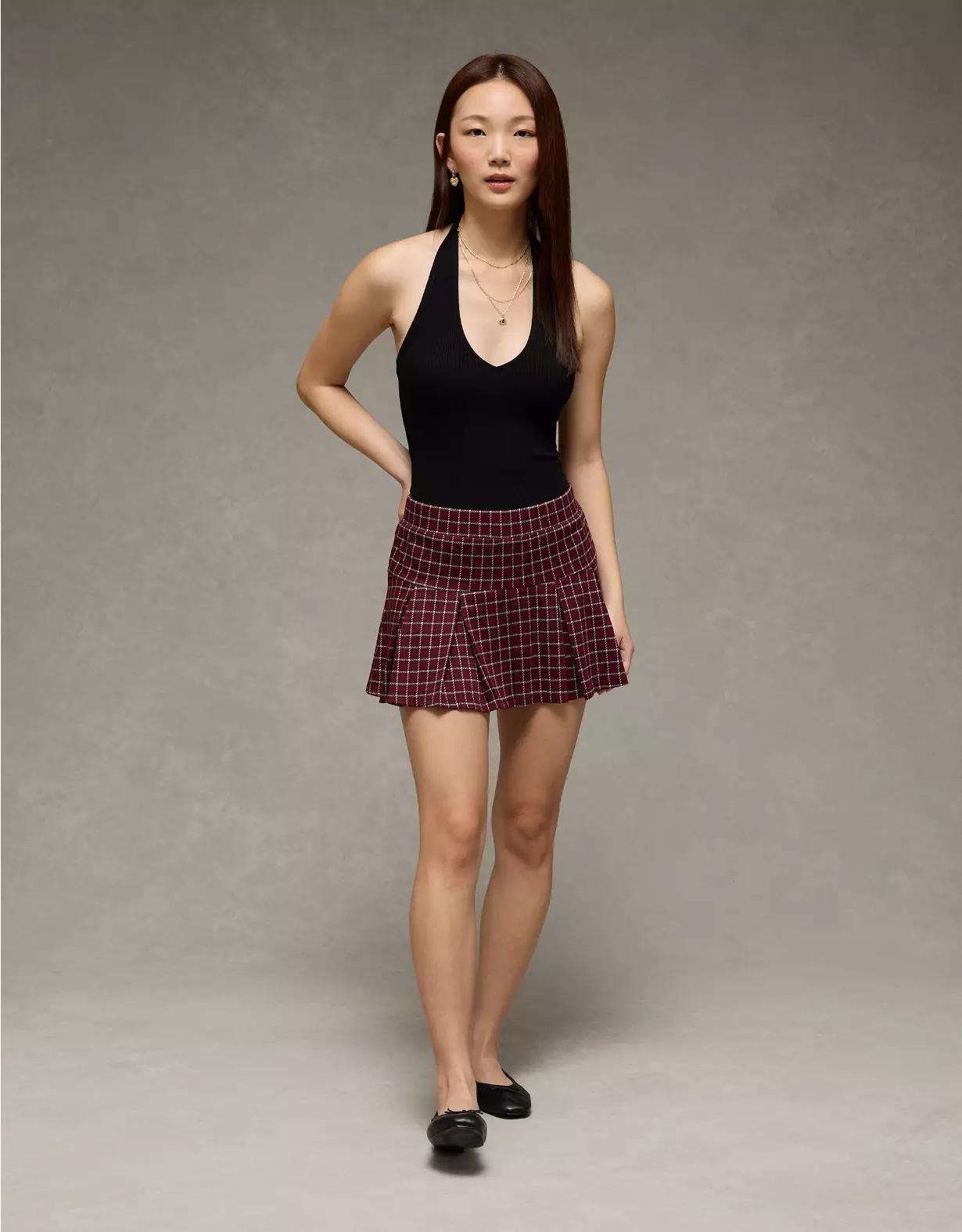 AE It Knit Low-Rise Pleated Plaid Skort Product Image