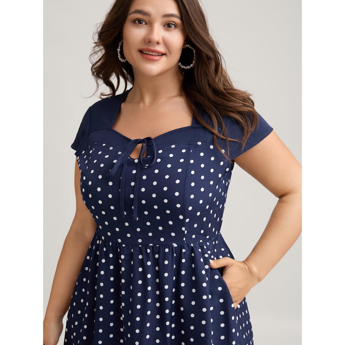 Plus Size Polka Dots Stretchy Waist Pockets Midi Dress Navy Women Heart neckline Cap Sleeve Curvy BloomChic 18-20/2X Product Image