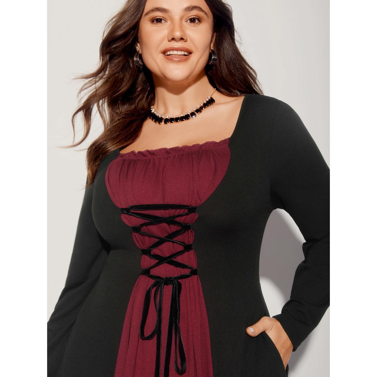 Plus Size Stretchy Knit Adjustable Tie Frill Trim Midi Dress Black Women Cocktail Wraparound straps Party Curvy Bloomchic 22-24/3X Product Image