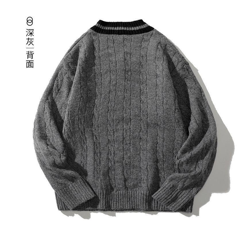 V-Neck Contrast Trim Cable Knit Loose-Fit Sweater Product Image