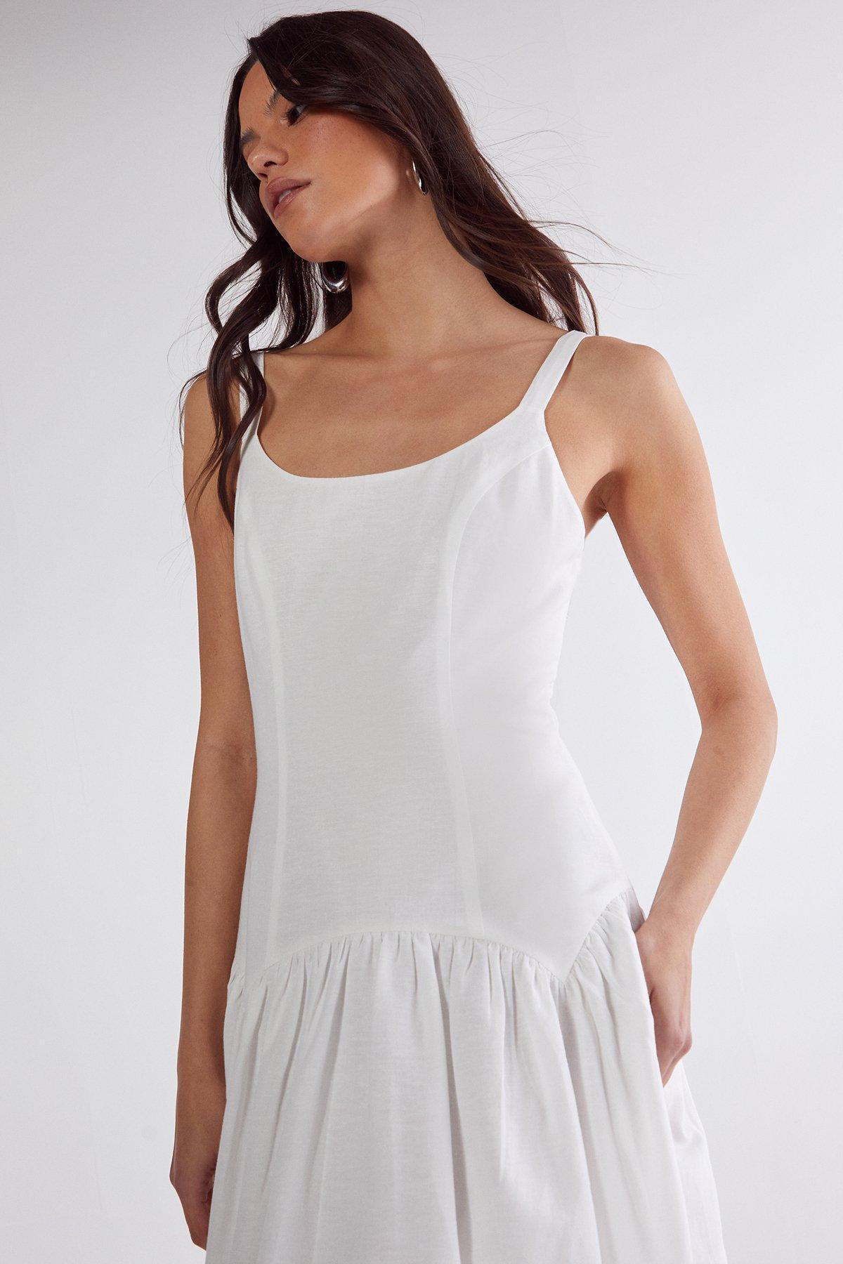 Linen Mix Drop Waist Seamed Midi Dress Product Image