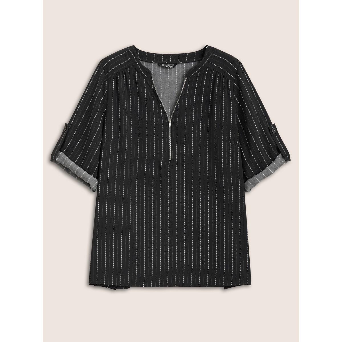 Plus Size Black Striped Half Zip Tab Sleeve Blouse Women Work From Home Elbow-length sleeve Flat collar Work Blouses BloomChic 14-16/1X Product Image