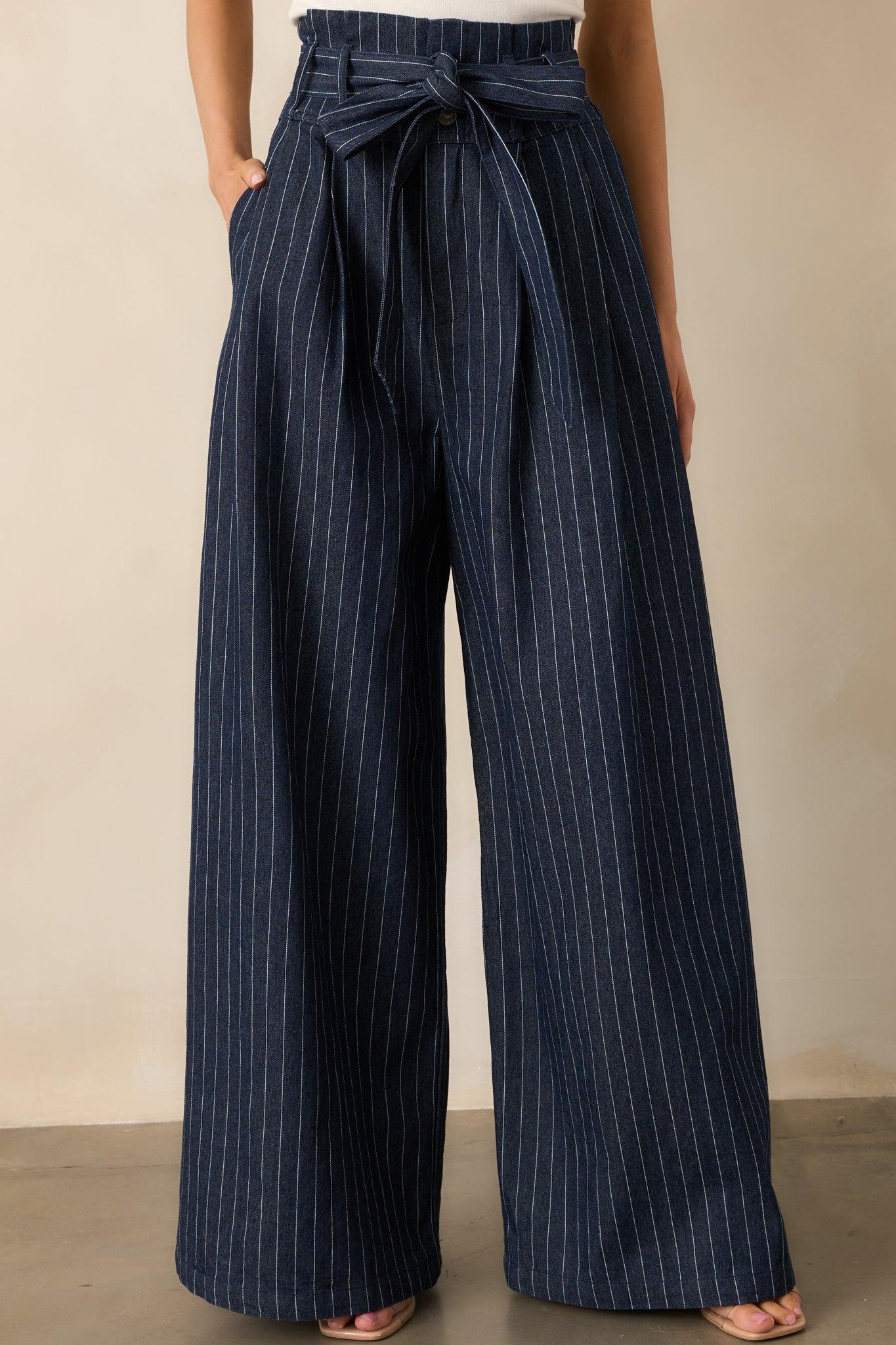 So In Sync Dark Wash Pinstripe Wide Leg Jeans Product Image