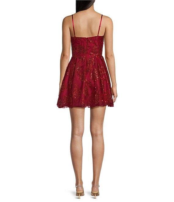 Blondie Nites Floral Glitter Patterned Drape Neck Spaghetti Strap Corset A-line Party Dress Product Image