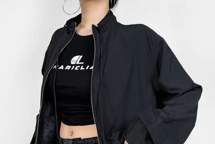 Stand Collar Plain Drawstring Zip Jacket Product Image