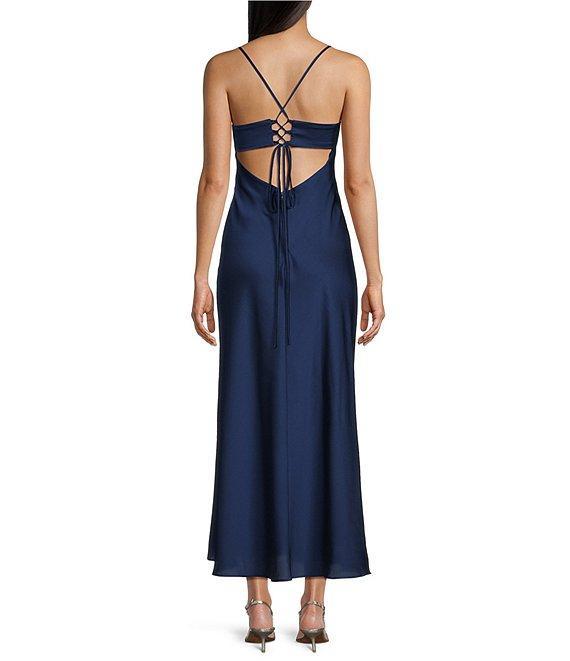 B. Darlin Satin Drape Neck Spaghetti Strap Lace Up Back Dress Product Image