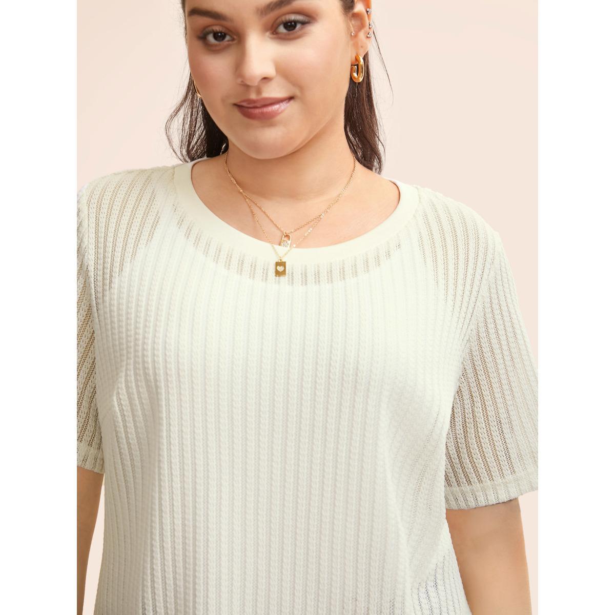 Plus Size Round Neck Pointelle Knit T-shirt Beige Women Casual Texture Round Neck Everyday T-shirts BloomChic 30/6X Product Image