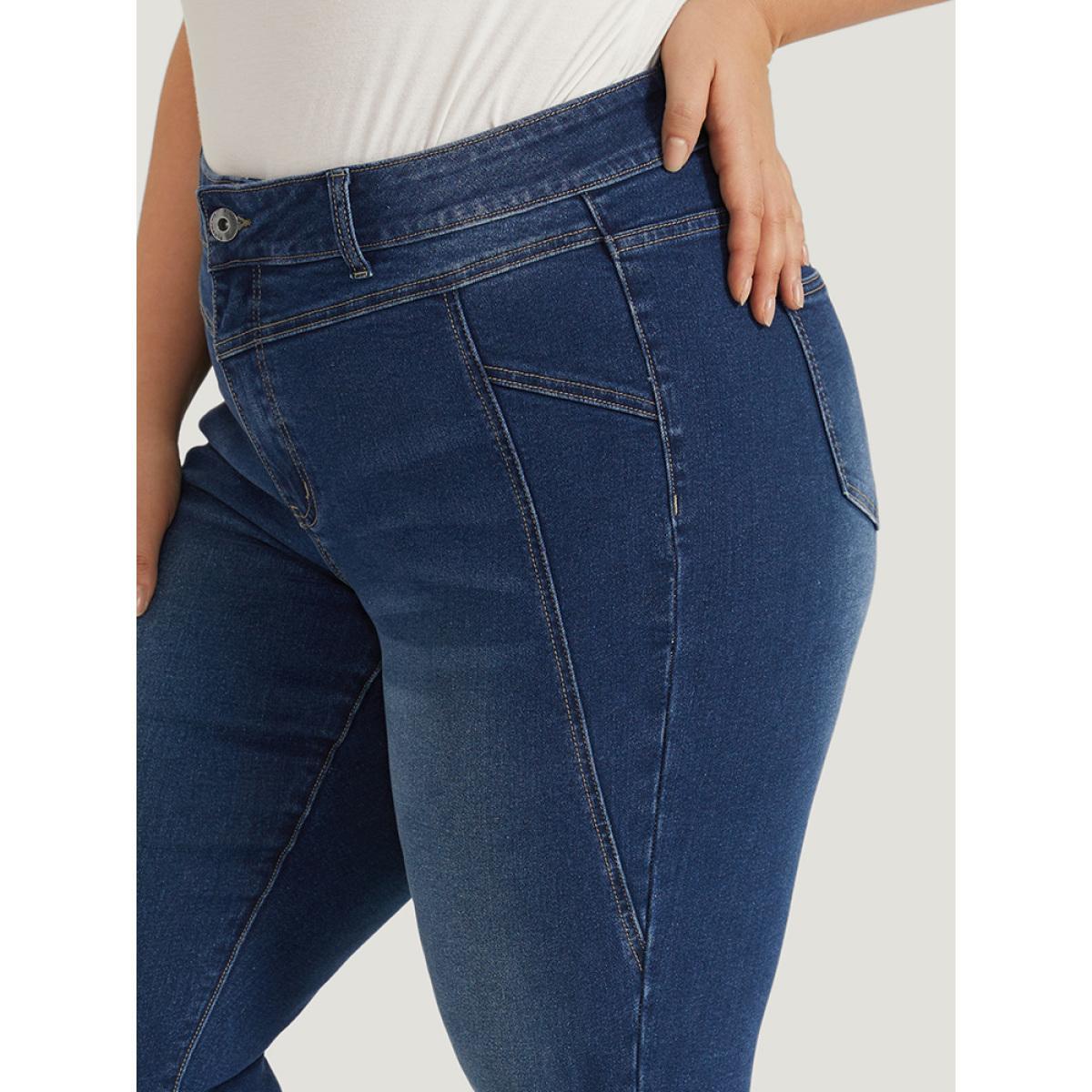 Plus Size Solid Very Stretchy Patchwork High Rise Jeans Women Blue Casual Plain Plain High stretch Pocket Jeans BloomChic 22/3X Product Image