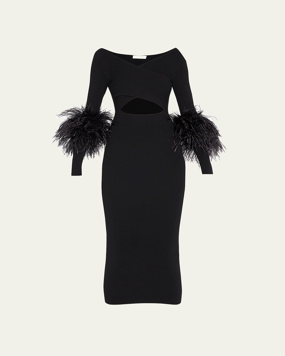 Criss-Cross Cutout Midi Dress w/ Feather Trim Product Image