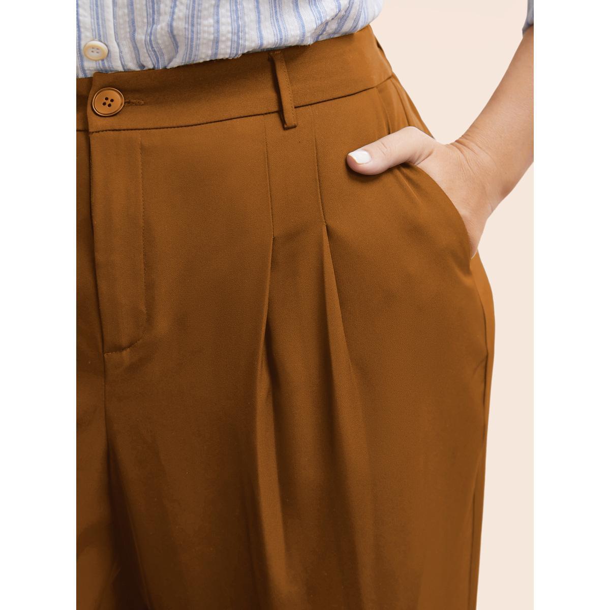 Plus Size Stretch Woven Pleated Elastic Waist Pants Women Yellowishbrown At the Office Wide Leg Mid Rise Work Pants BloomChic 28/5X Product Image