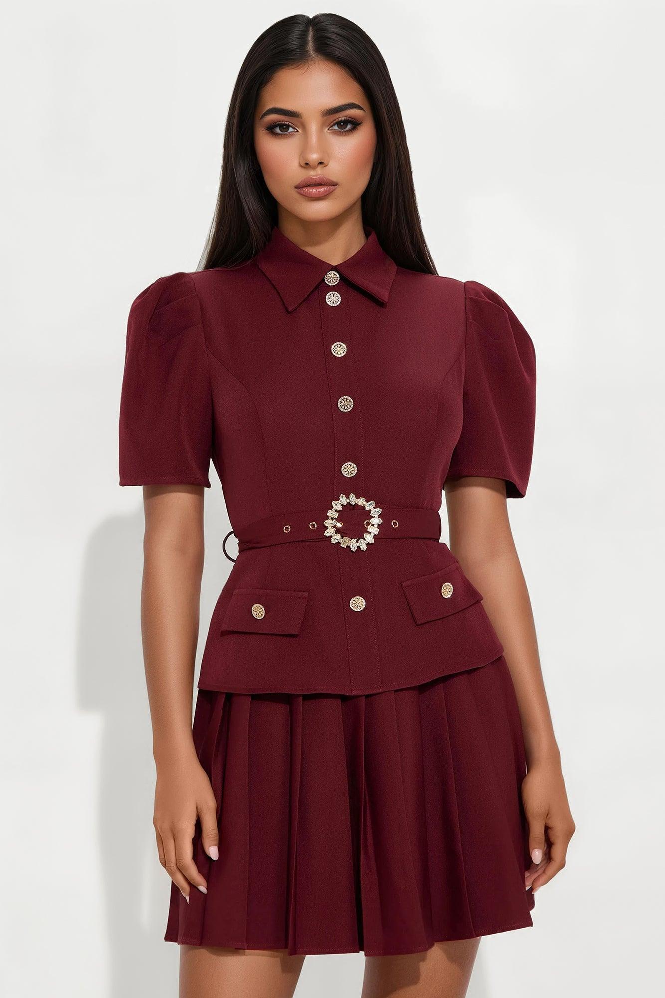 Nadia Belted Pleated Mini Dress - Wine Female Product Image