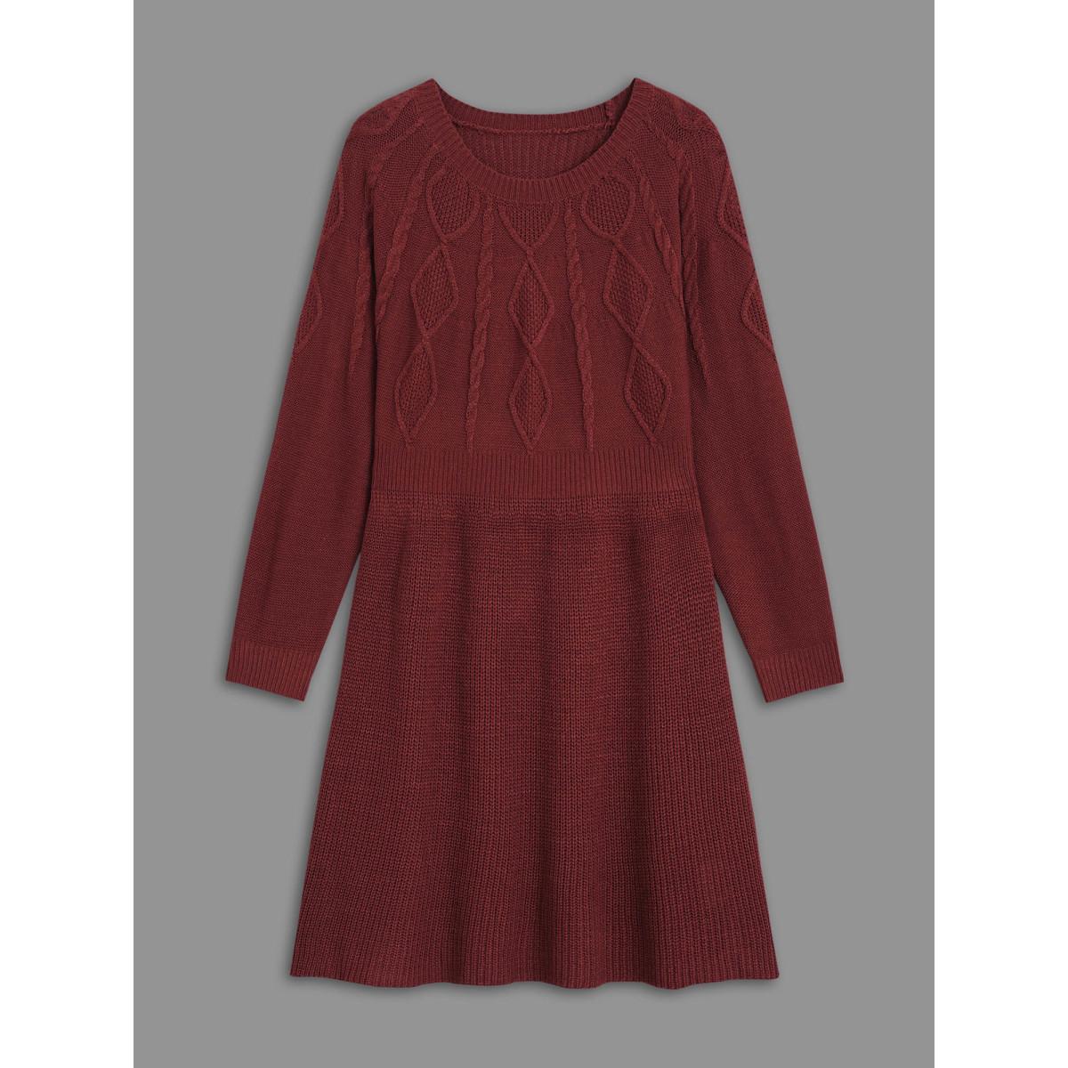 Plus Size Cable Knit Raglan Sleeve Midi Sweater Dress Burgundy Women Casual Bodycon Long Sleeve Everyday Sweater Dresses BloomChic 28/5X Product Image