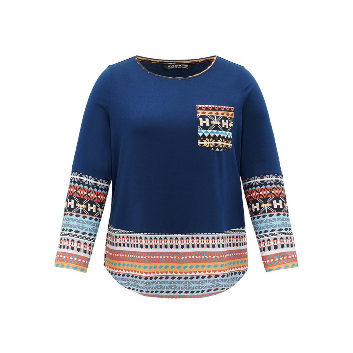 Plus Size Bandana Print Patched Pocket Curved Hem T-shirt Blue Women Elegant Patchwork Bohemian Print Round Neck Dailywear T-shirts BloomChic 18-20/2X Product Image
