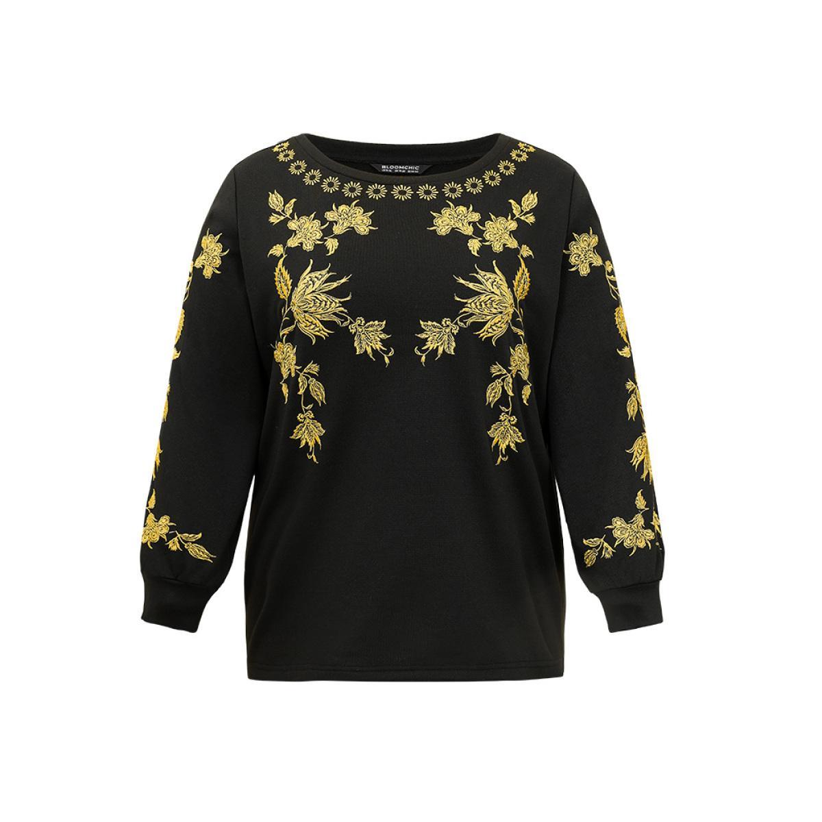 Plus Size Floral Embroidered Two Tone Sweatshirt Women Black Elegant Contrast Round Neck Dailywear Sweatshirts BloomChic 10/M Product Image