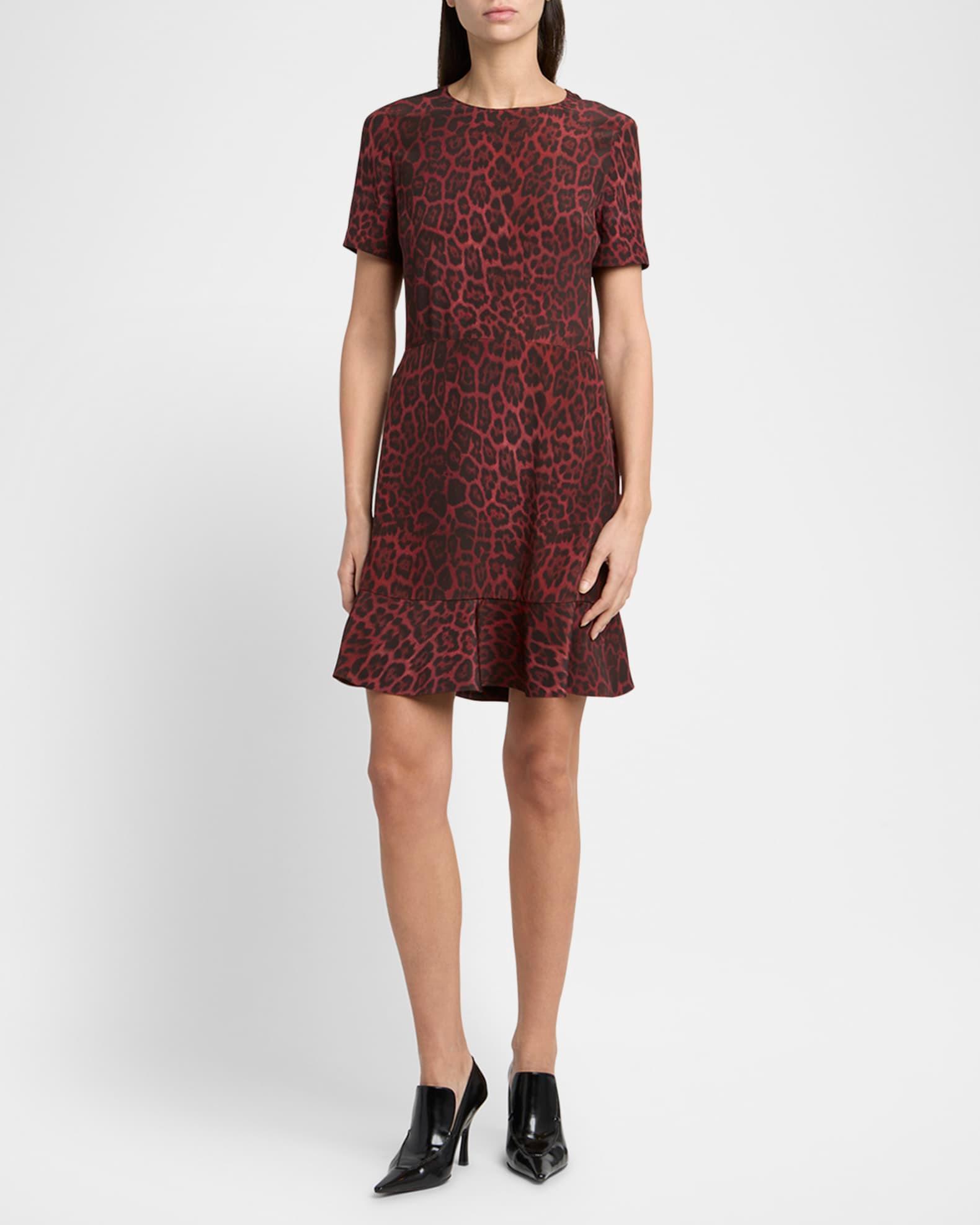 Leopard Print Flared Hem Silk Dress Product Image