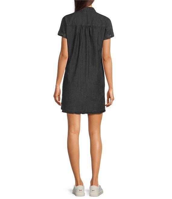 Reba V-Neck Short Cap Sleeve Frayed Hem Chambray Shift Dress Product Image
