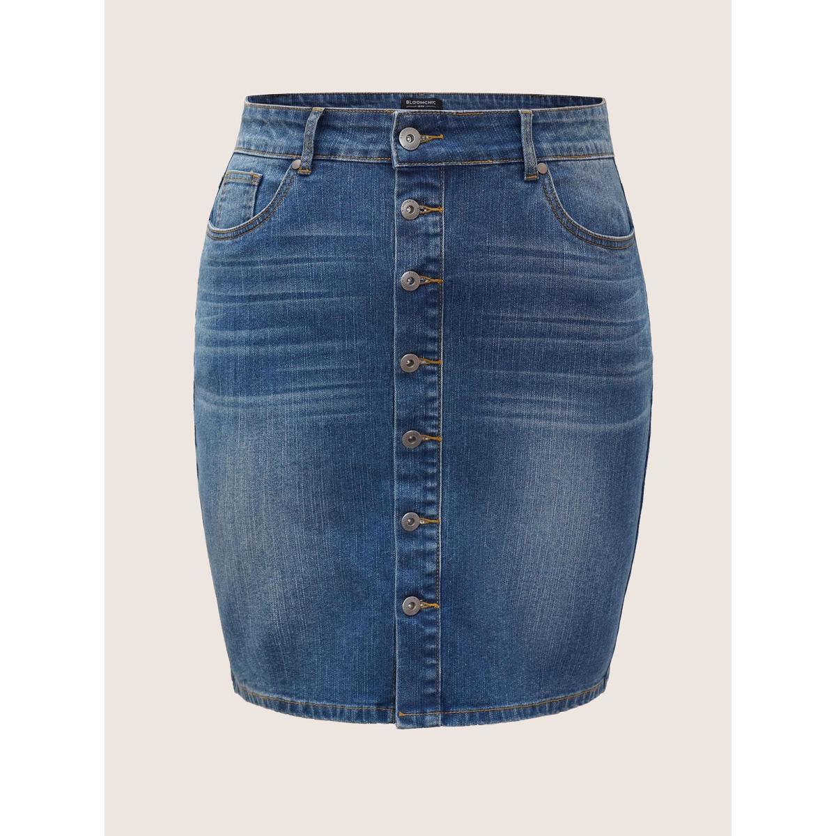 Plus Size Dark Wash Button Detail Bodycon Denim Skirt Women Blue Everyday Non Plain High stretch Dark Wash 12/L Slanted pocket Elegant Denim Skirts BloomChic Product Image
