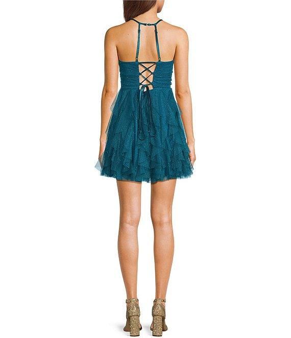 Pear Culture Glitter Mesh Scoop Neck Corkscrew Ruffle Dress Product Image
