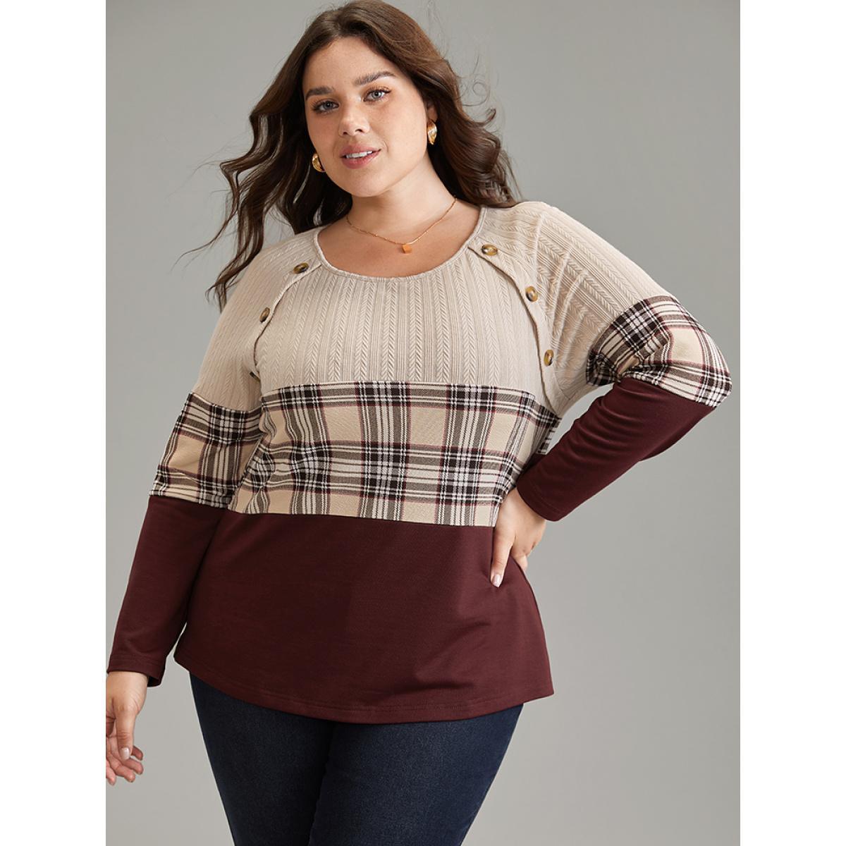 Plus Size Colorblock Contrast Button Detail Plaid Sweatshirt Women Burgundy Elegant Contrast Round Neck Dailywear Sweatshirts BloomChic 12/L Product Image