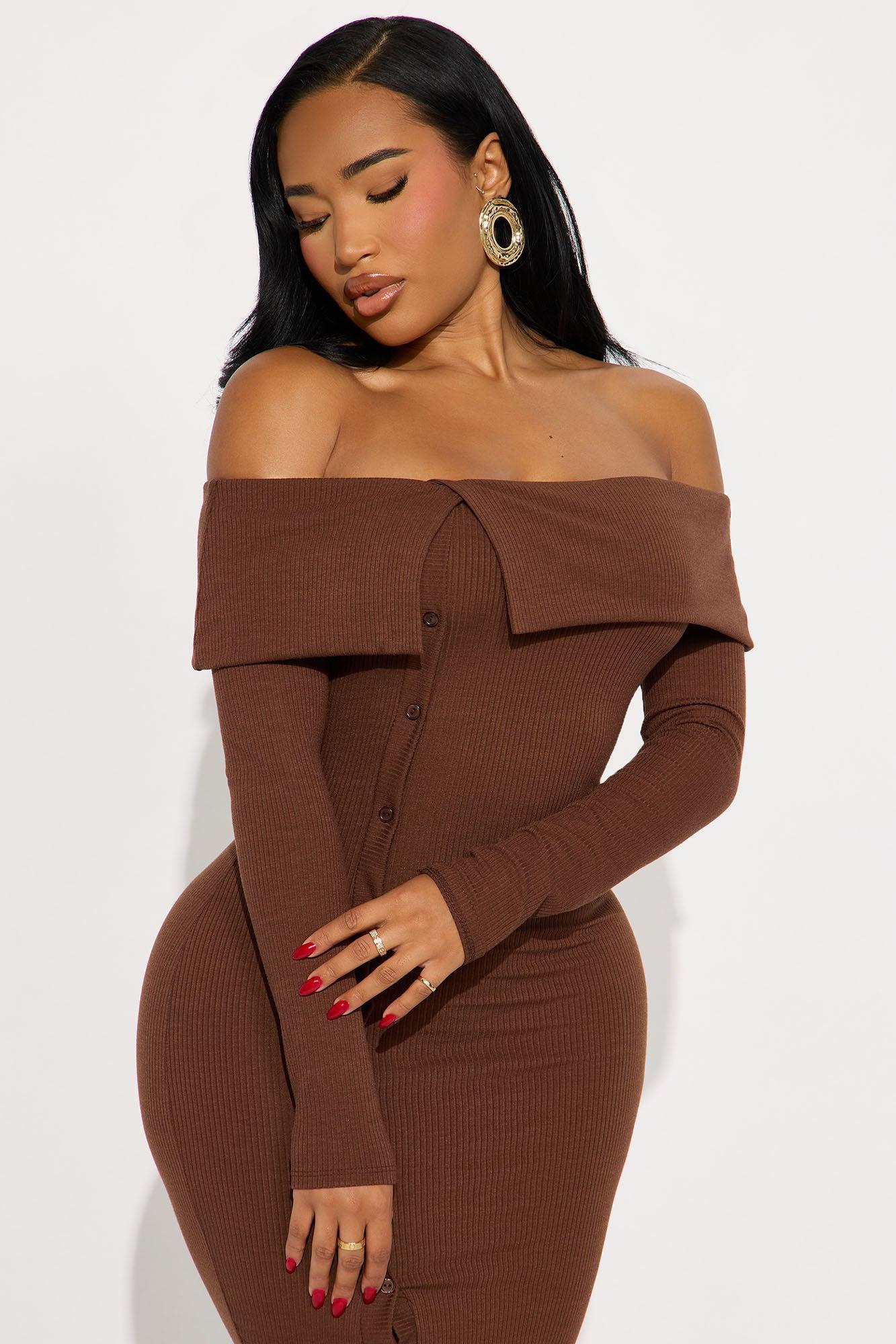 Leilani Off Shoulder Sweater Midi Dress - Chocolate Product Image