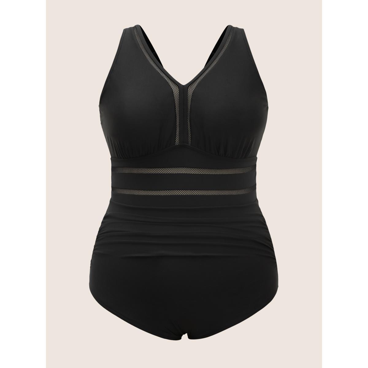 Plus Size V Neck Patchwork Mesh Gathered One Piece Swimsuit Women's Swimwear Black Beach Woven ribbon&lace trim Curve Bathing Suits High stretch One Pieces BloomChic 22-24/3X Product Image