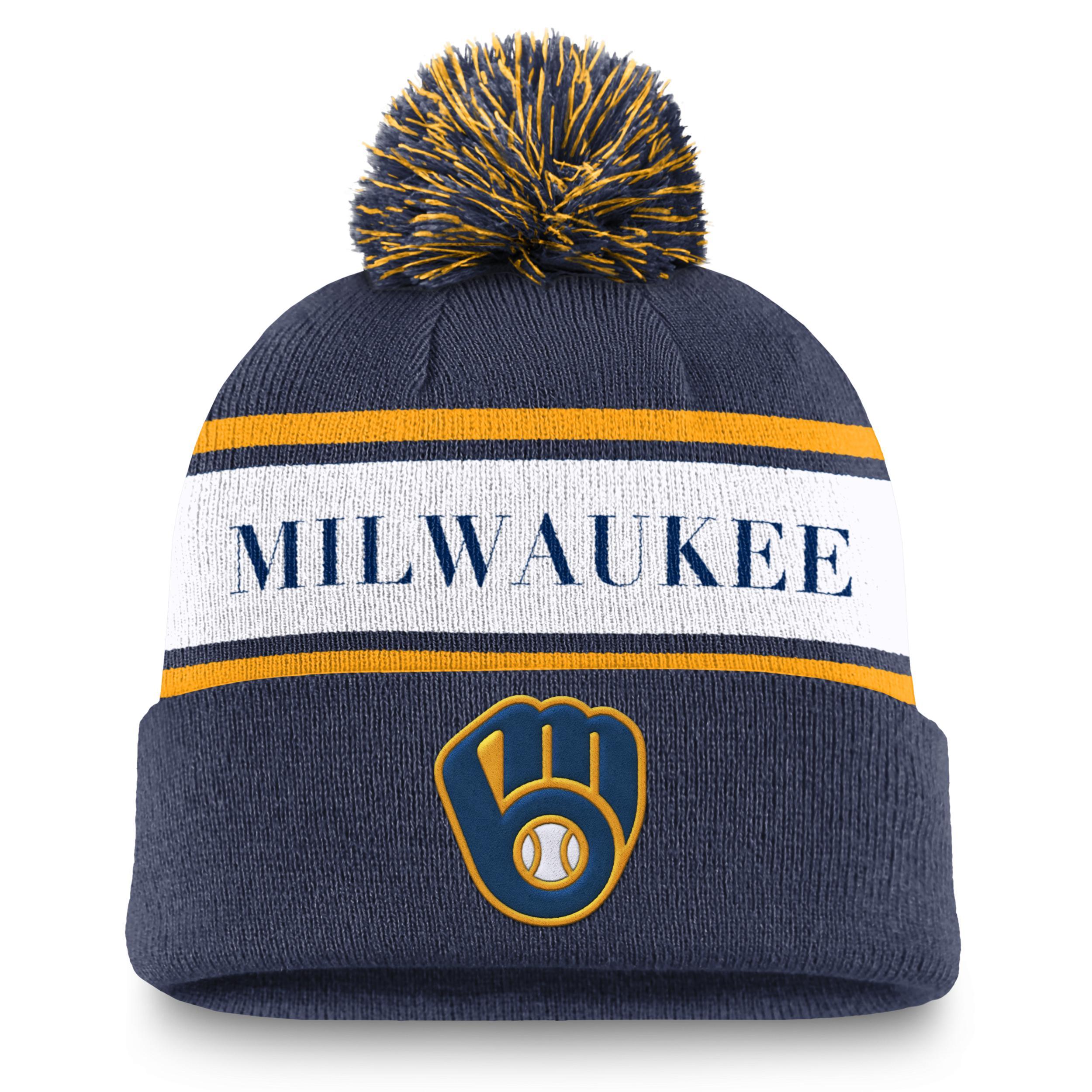 Milwaukee Brewers Team Stripe Peak Nike Mens MLB Cuffed Pom Beanie Product Image