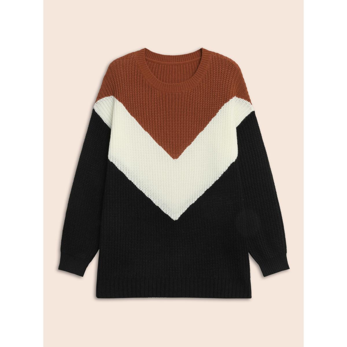 Plus Size Colorblock Contrast Lantern Sleeve Pullover Yellowishbrown Women Casual Loose Long Sleeve Round Neck Everyday Pullovers BloomChic 18-20/2X Product Image