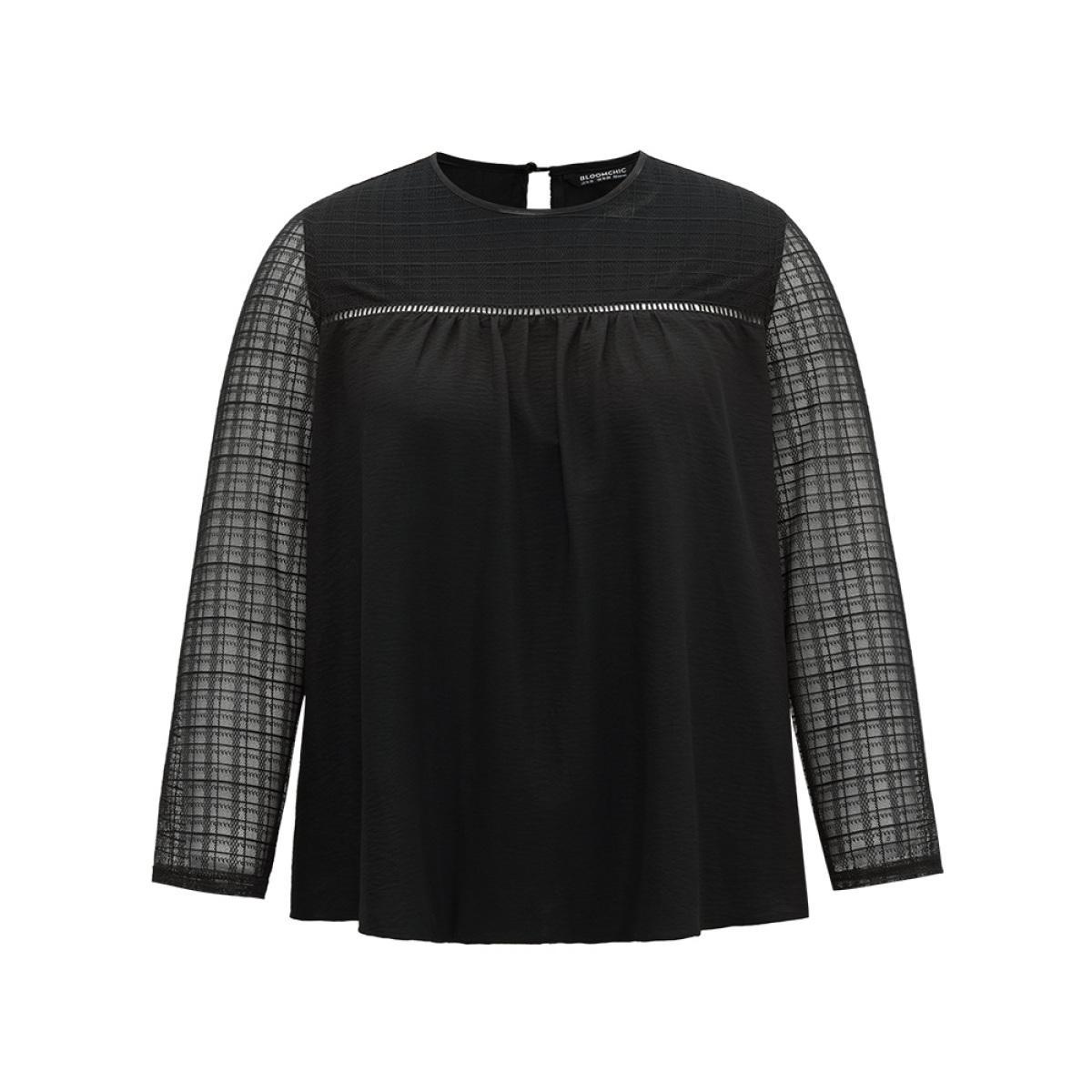 Plus Size Black Solid Keyhole Mesh Plicated Detail Blouse Women Glamour Long Sleeve Round Neck Going out Blouses BloomChic 14-16/1X Product Image