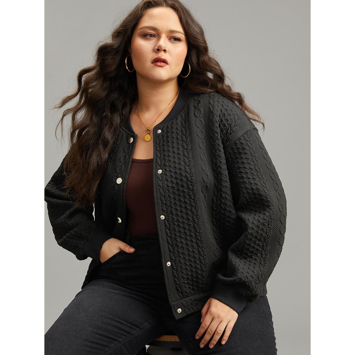 Plus Size Plain Texture Button Through Jacket Women Black Elastic cuffs Dailywear Jackets BloomChic 22-24/3X Product Image