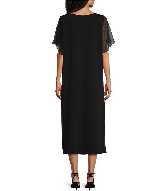 Caroline Rose Georgette Short Flutter Sleeve Matte Crepe Scoop Neck Midi Shift Dress Product Image