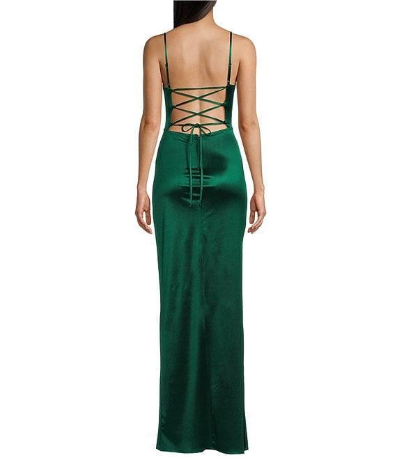 Honey and Rosie Corset Lace-Up Back Side Slit Long Dress Product Image