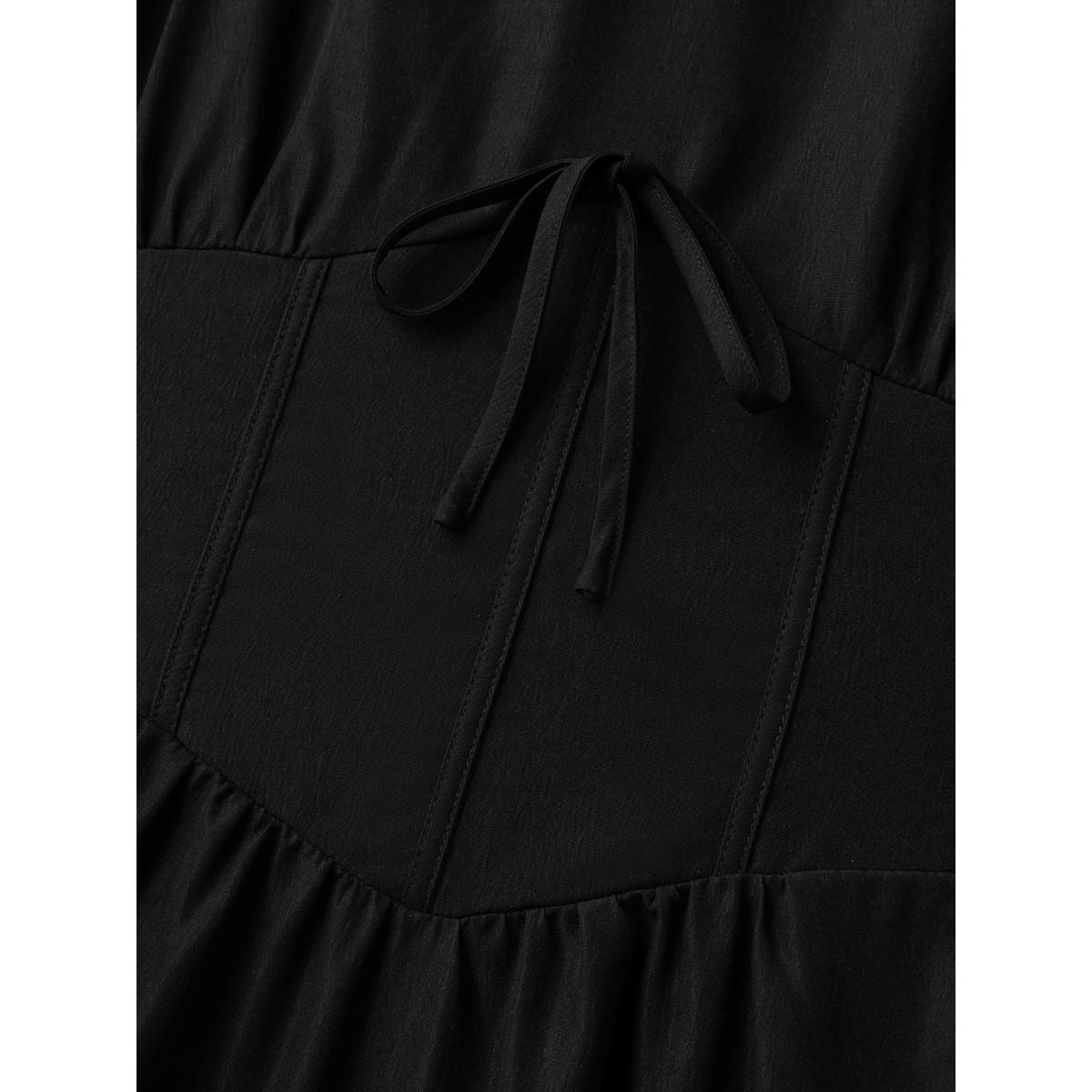 Plus Size Bow Tie Drop Waist Shirred Midi Dress Black Women Tie knot V-neck Sleeveless Curvy BloomChic 10/M Product Image